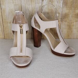 MICHAEL Michael Kors Berkley T Strap Zip Platform Heels Dress Sandal sz 8 Oyster